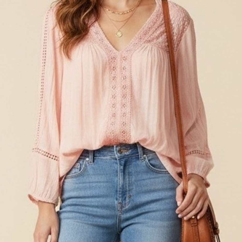 Style & Co Boho Blouse Women 3X Peach Embroidered V-Neck Peasant Top Casual Chic
